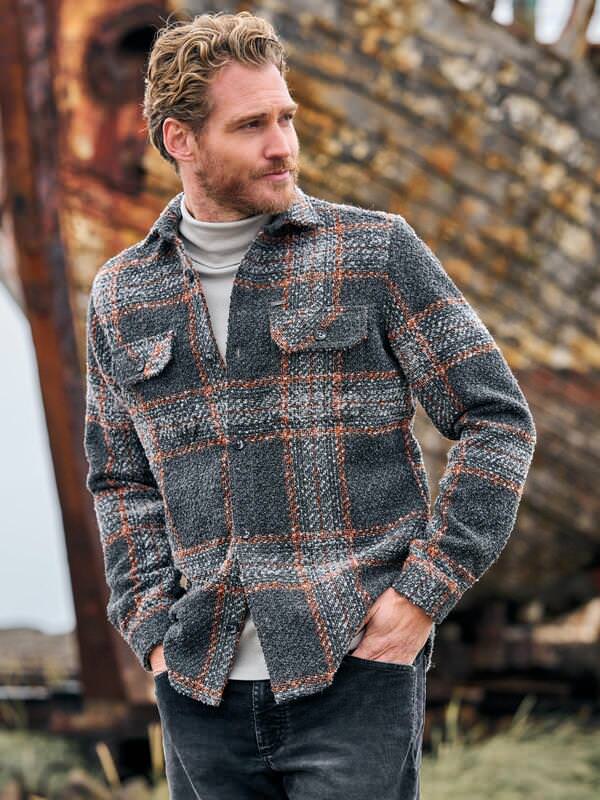 engbers Herren Overshirt in Teddy-Qualität Orange regular kariert Kent-Kragen von engbers