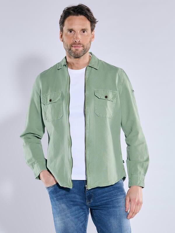 engbers Herren Overshirt in Halbleinen-Qualität Grün regular uni Kent-Kragen von engbers
