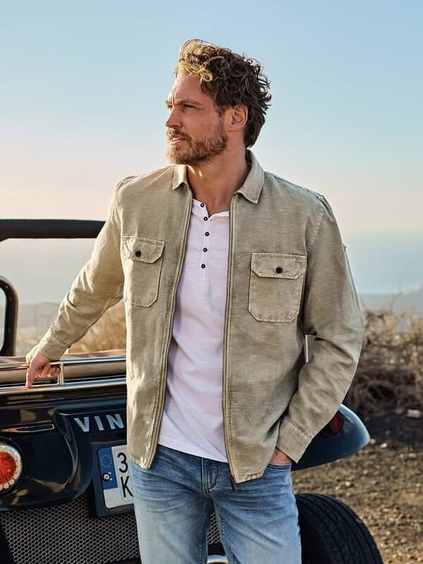 engbers Herren Overshirt mit Leinenanteil Beige regular uni Kent-Kragen von engbers