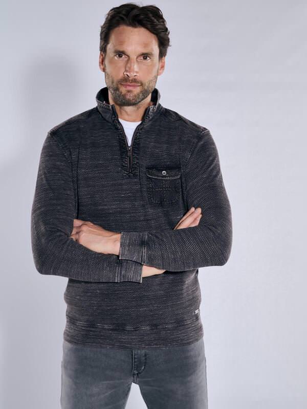 engbers Herren Sweatshirt strukturiert Schwarz regular gemustert Stehkragen von engbers