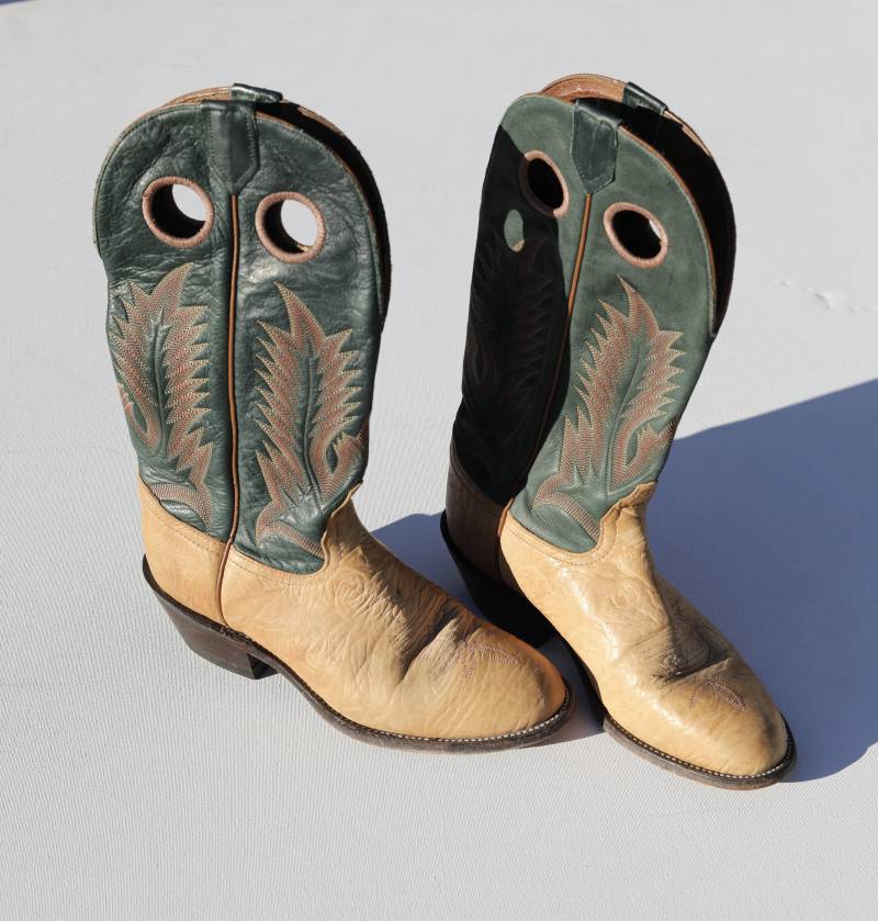 Vintage Tony Lama Cowboy-stiefel Aus Braunem & Grünen Leder, Damen 7B von enhei