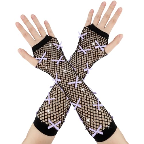 Netzhandschuhe,Netzhandschuhe Schwarz,Fingerlose Handschuhe,Handschuhe Ohne Finger,Fingerlose Handschuhe Damen,Schwarze Handschuhe Lang,Halloween Gloves,Hellrosa Schleife Mit Strasssteinen (1 Paar) von enithElite