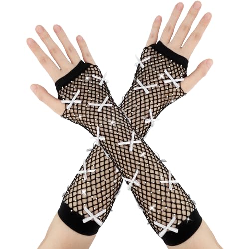 Netzhandschuhe,Netzhandschuhe Schwarz,Fingerlose Handschuhe,Handschuhe Ohne Finger,Fingerlose Handschuhe Damen,Schwarze Handschuhe Lang,Halloween Gloves,Weiße Schleife Mit Strasssteinen (1 Paar) von enithElite