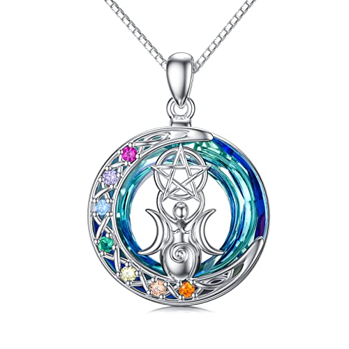 enjoylifecreative Chakra Dreifacher Mond Göttin Halskette mit Kristall 925 Sterling Silber Pentagramm Pentacle Triple Mond Anhänger Kette Pagan Wicca Schmuck für Damen Mädchen von enjoylifecreative