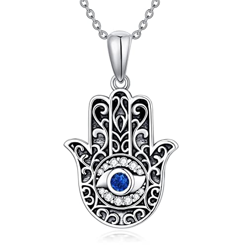 enjoylifecreative Hamsa Hand Evil Eye Halskette Sterling Silber Nazar Auge Kette Fatimas Hand Kristall Halskette Schutz Amulett Schmuck Geschenke für Damen Herren von enjoylifecreative