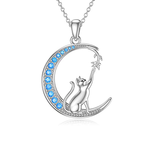 enjoylifecreative Katze Halskette mit Rose Blume 925 Sterling Silber Mond Halskette Katzen Mond Anhänger Schmuck Geschenke für Frauen Mädchen von enjoylifecreative