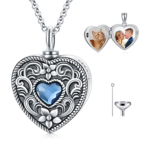 enjoylifecreative Blume Asche Urne Halskette 925 Sterling Silber Herz Kristall Foto Medaillon Urne Halskette für Asche Blume Feuerbestattung Erinnerung Andenken Schmuck Geschenke für Damen von enjoylifecreative