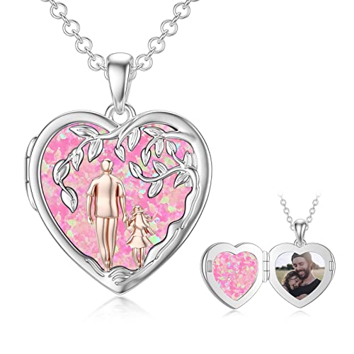 Personalisierte Vater Tochter Medaillon Halskette S925-Sterling Silberkünstlicher rosa Opal Tochter Geschenke von Papa Mutter Ich liebe dich für immer Tochter-Medaillon-Schmuckgeschenk von enjoylifecreative