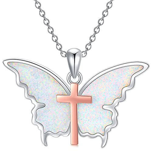 enjoylifecreative Schmetterling Kreuz Kette 925 Sterling Silber Opal Schmetterling Anhänger Halskette Schmetterling Schmuck Geschenke für Damen Mädchen von enjoylifecreative