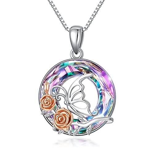 enjoylifecreative Schmetterlings Kette S925 Sterlingsilber Rosen Blumen Halskette Schmetterlings Kristall Schmuck Halskette für Mädchen Frauen Schwester Geschenke von enjoylifecreative