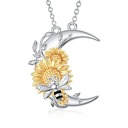 enjoylifecreative Sonnenblumen Kette für Frauen und Mädchen mit süßer Biene und Halbmond Sterling Silber Anhänger Schmuck Geburtstag Jahrestag Valentinstag Abschluss Geschenk von enjoylifecreative