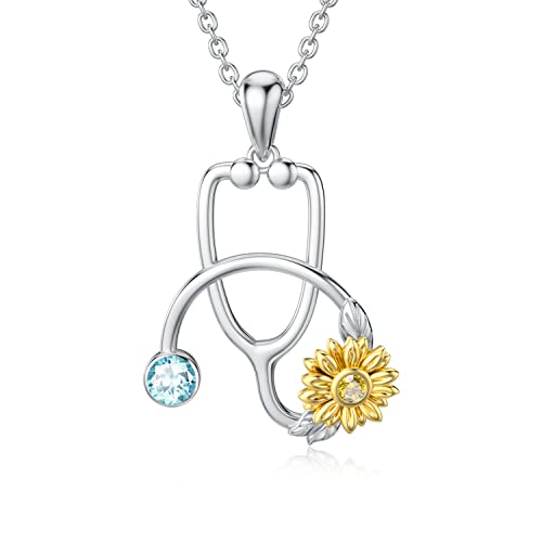 enjoylifecreative Stethoskop Kette mit Sonnenblumen Geburtsstein Kette für Frauen 925 Sterling Silber Graduierung Arzt Krankenschwester Schmuck Geschenk für Krankenschwestern von enjoylifecreative