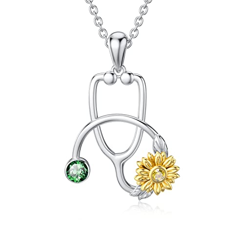 enjoylifecreative Stethoskop Kette mit Sonnenblumen Geburtsstein Kette für Frauen 925 Sterling Silber Graduierung Arzt Krankenschwester Schmuck Geschenk für Krankenschwestern von enjoylifecreative