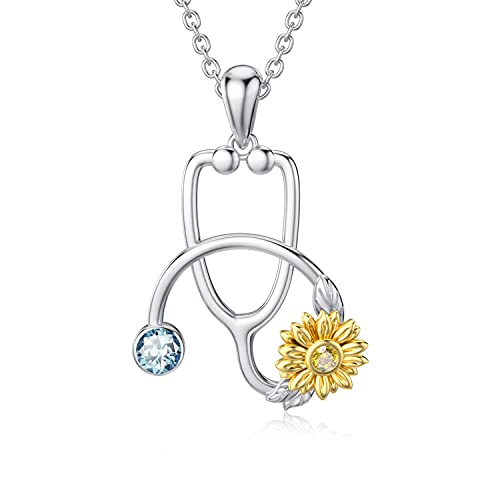 enjoylifecreative Stethoskop Kette mit Sonnenblumen Geburtsstein Kette für Frauen 925 Sterling Silber Graduierung Arzt Krankenschwester Schmuck Geschenk für Krankenschwestern von enjoylifecreative