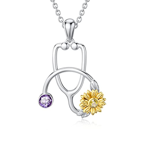 enjoylifecreative Stethoskop Kette mit Sonnenblumen Geburtsstein Kette für Frauen 925 Sterling Silber Graduierung Arzt Krankenschwester Schmuck Geschenk für Krankenschwestern von enjoylifecreative