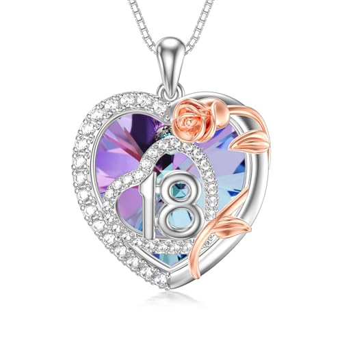 enjoylifecreative 18. Geburtstag Mädchen Geschenke 925er Sterling Silber Rose Blume Herz Kristall Anhänger Kette Geburtstag Jubiläum Schmuck Geschenk für 18 Jährige Mädchen Tochter Enkelin von enjoylifecreative