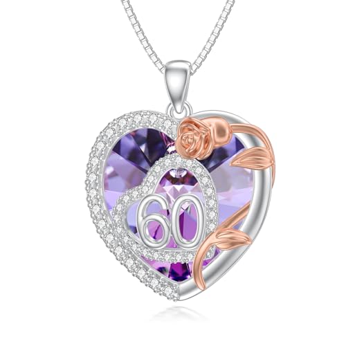 enjoylifecreative 60. Geburtstag Halskette für Damen 925 Sterling Silber Rose Herz Kristall Anhänger Kette Geburtstag Hochzeitstag Schmuck Geschenke für 60 Jahre alte Frauen Mutter Oma Ehefrau von enjoylifecreative