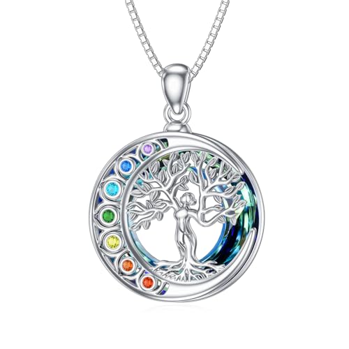 enjoylifecreative Chakra Baum des Lebens Halskette für Damen 925 Sterling Silber Lebensbaum Kristall Anhänger Kette 7 Chakren Spirituelle Schmuck Geschenk für Frauen Mädchen von enjoylifecreative