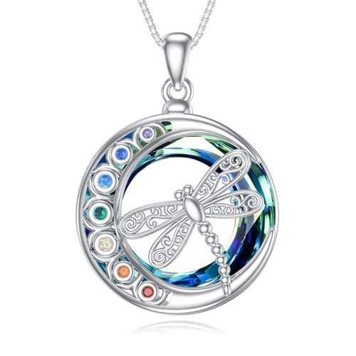 enjoylifecreative Chakra Kristall Halskette für Damen 925 Sterling Silber Libellen Anhänger Kette 7 Chakren Spirituelle Schmuck Geschenk für Frauen Mädchen von enjoylifecreative