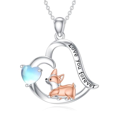 enjoylifecreative Corgi Mondstein Halskette für Damen 925er Sterling Silber Hund Anhänger Kette Haustier Schmuck Geschenke für Frauen Mädchen Hundeliebhaber von enjoylifecreative