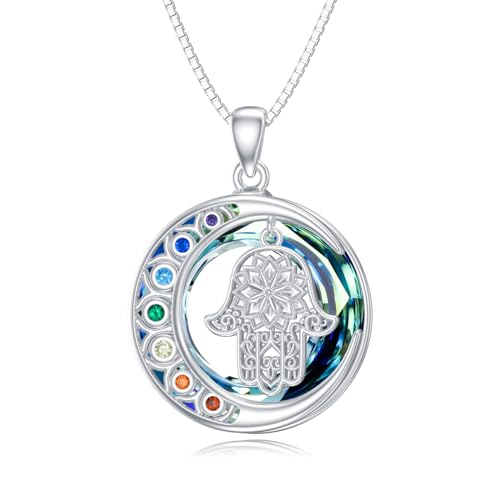 enjoylifecreative Damen Chakra Hamsa Hand Kristall Halskette 925 Sterling Silber Fatimas Hand Anhänger Kette 7 Chakra Hand der Fatima Schmuck Geschenke für Frauen Mädchen von enjoylifecreative