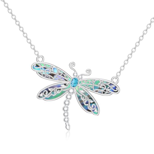 enjoylifecreative Damen Libelle Halskette 925er Sterling Silber Libellen Anhänger Kette mit Abalone Muschel und Türkis Libelle Schmuck Geschenk für Frauen Mädchen Libellenliebhaber von enjoylifecreative