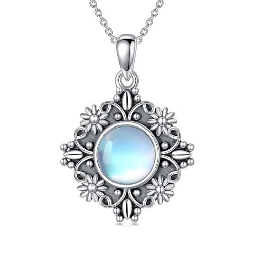 enjoylifecreative Damen Mondstein Anhänger Halskette 925er Sterling Silber Vintage Gänseblümchen Kette Geburtstag Weihnachten Schmuck Geschenke für Frauen Mädchen von enjoylifecreative