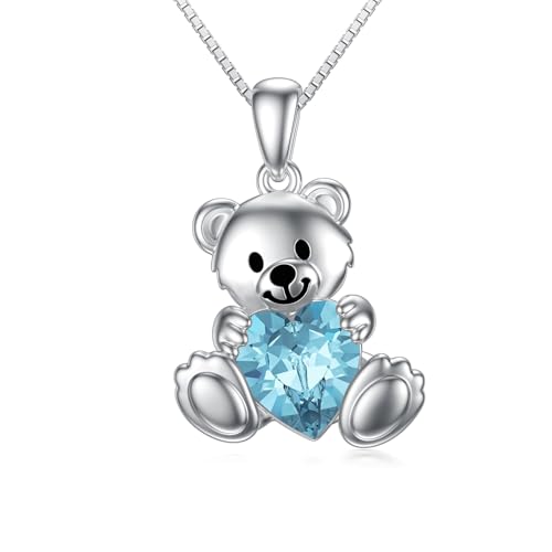 enjoylifecreative Damen Teddybär Halskette mit Blauer Kristall 925 Sterling Silber Teddy Bär Anhänger Kette Bären Schmuck Geschenk für Frauen Mädchen Bärenliebhaber von enjoylifecreative