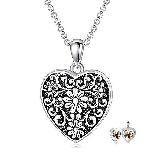 enjoylifecreative Gänseblümchen Foto Medaillon Halskette 925er Sterling Silber Blume Herz Medaillon zum öffnen für Bilder Gänseblümchen Anhänger Kette mit Foto Schmuck Geschenk für Damen von enjoylifecreative