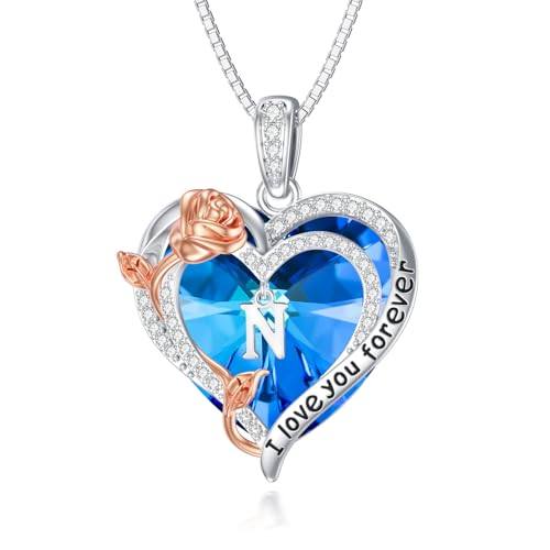 enjoylifecreative Initialen N Halskette für Damen 925 Sterling Silber Anfangsbuchstabe Alphabet Rose Herz Kristall Halskette Brief Buchstabe Kette Initial Anhänger Schmuck Geschenke für Frauen Mädchen von enjoylifecreative
