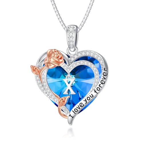 enjoylifecreative Initialen X Halskette für Damen 925 Sterling Silber Anfangsbuchstabe Alphabet Rose Herz Kristall Halskette Brief Buchstabe Kette Initial Anhänger Schmuck Geschenke für Frauen Mädchen von enjoylifecreative