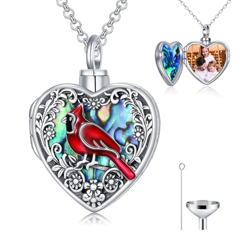 enjoylifecreative Kardinal Urnen Medaillon Halskette für Asche und Bilder 925er Sterlingsilber Herz Abalone Muschel Foto Medaillon Anhänger Einäscherungsschmuck Gedenk Andenken Geschenke für Frauen von enjoylifecreative
