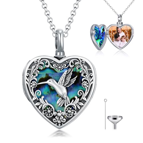 enjoylifecreative Kolibri Urnen Medaillon Halskette Für Asche Und Bilder 925er Sterlingsilber Kolibri Herz Medaillon Halskette Für Asche Mit Abalone Muschel Gedenkschmuck Für Frauen von enjoylifecreative
