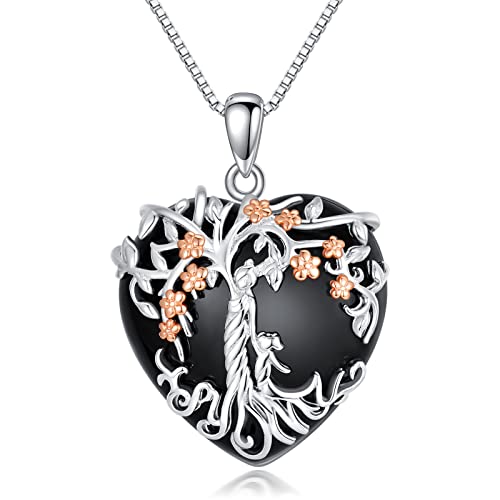 enjoylifecreative Lebensbaum Mutter Tochter Halskette 925 Sterling Silber Baum Des Lebens Obsidian Herz Anhänger Kette Schmuck Geburtstag Muttertags Geschenke Für Damen Mama Ehefrau von enjoylifecreative