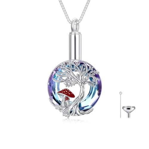 enjoylifecreative Lebensbaum Pilz Urnen Halskette für Asche 925er Sterlingsilber Kristall Anhänger Andenkenschmuck Gedenk Geschenke für Frauen von enjoylifecreative