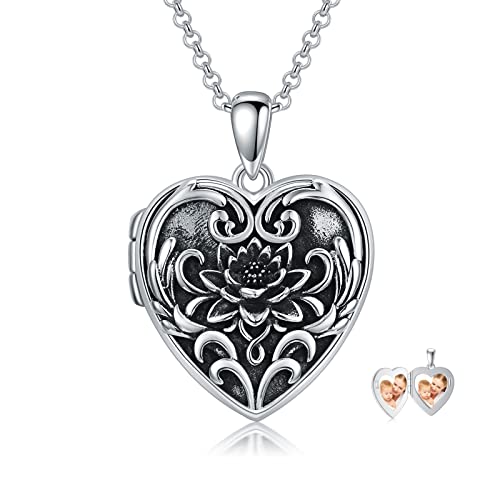 enjoylifecreative Lotus Foto Medaillon Halskette für Damen 925er Sterling Silber Lotusblume Herz Medaillon zum öffnen für Bilder Lotusblüte Anhänger Kette mit Foto Schmuck Geschenk für Frauen Mädchen von enjoylifecreative