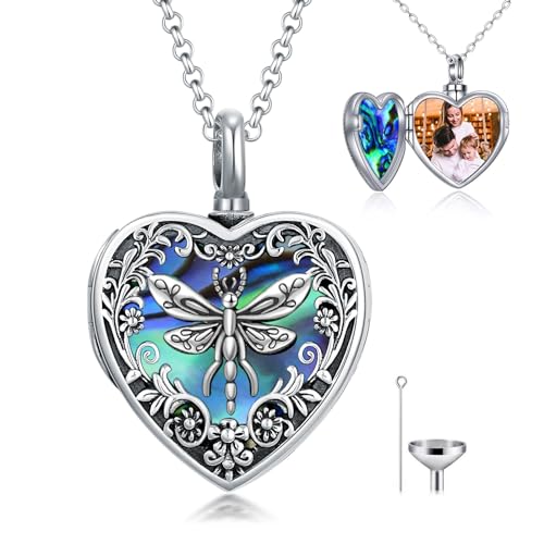 enjoylifecreative Medaillon Halskette Mit Libellen Urnenmotiv Für Asche Und Bilder 925er Sterlingsilber Libellen Herzmotiv Asche Halskette Mit Abalone Muschel Gedenkschmuck Für Frauen von enjoylifecreative