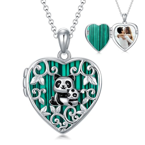 enjoylifecreative Panda Herz Medaillon Halskette mit Foto für Damen Mädchen 925er Sterling Silber Mutter Tochter Pandabär Malachit Locket Kette Geburtstag Muttertag Geschenk für Mama Tochter von enjoylifecreative