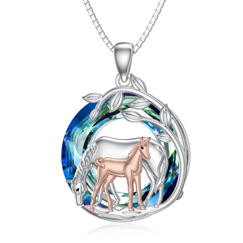 enjoylifecreative Pferde Kristall Halskette für Frauen Mädchen 925 Sterling Silber Mutter Tochter Pferd Anhänger Kette Geburtstag Muttertag Schmuck Geschenk für Damen Pferdeliebhaber Mama Tochter von enjoylifecreative