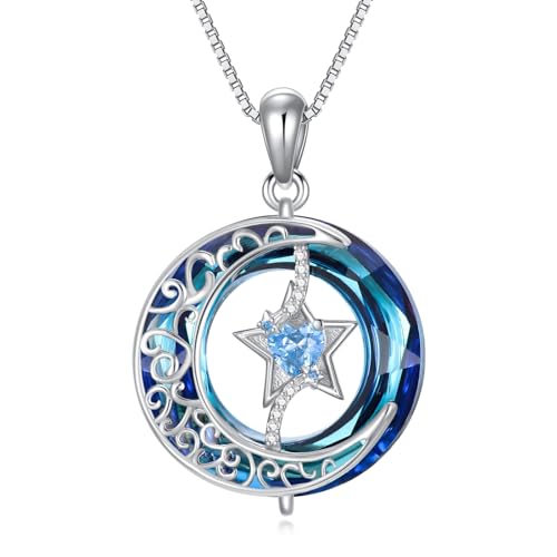 enjoylifecreative Sterling Silber Halbmond Stern Kristall Halskette Kreis Blauer Kristall Schmuck für Mutter Frau Tochter Geburtstags Geschenk von enjoylifecreative