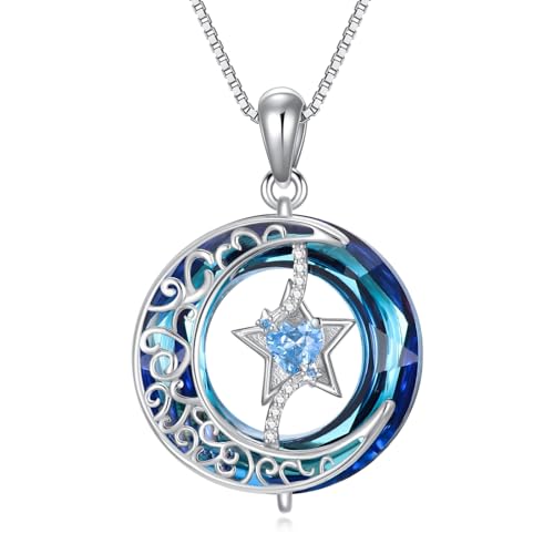 enjoylifecreative Sterling Silber Halbmond Stern Kristall Halskette Kreis Blauer Kristall Schmuck für Mutter Frau Tochter Geburtstags Geschenk von enjoylifecreative