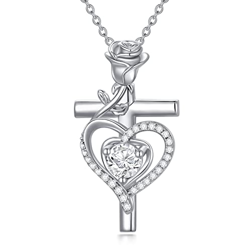enjoylifecreative Sterling Silber Rose Herz Anhänger Halskette Geburtsstein Kreuz Halskette für Frauen Mädchen Jubiläum Geburtstag Schmuck Geschenke Ehefrau Mutter Dame Her von enjoylifecreative