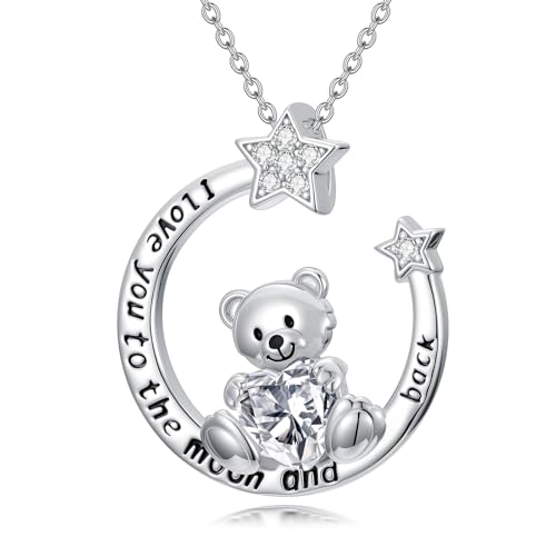 enjoylifecreative Teddybär Halskette für Damen 925er Sterling Silber Bär Mond Anhänger Kette Geburtstags Weihnachts Geschenk für Mutter Tochter Ehefrau von enjoylifecreative