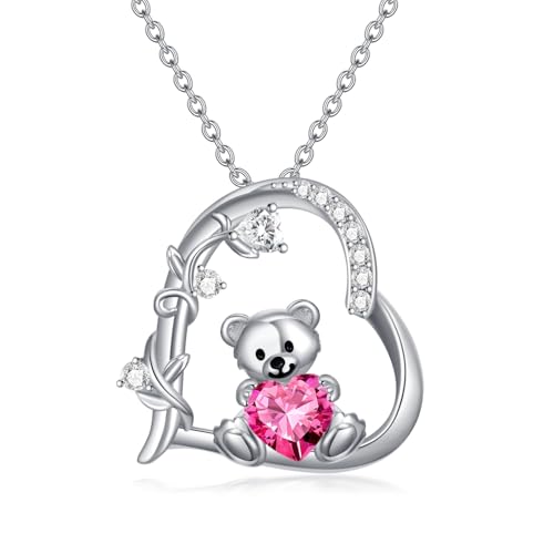 enjoylifecreative Teddybär Halskette für Damen 925er Sterling Silber Oktober Geburtsstein Bär Anhänger Kette Geburtstag Valentinstag Teddy Bären Schmuck Geschenke für Frauen Mädchen von enjoylifecreative
