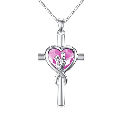 enjoylifecreative Vater Tochter Kreuz Halskette 925er Sterling Silber Ich liebe dich Tochter Kristall Anhänger Kette Geburtstag Weihnachten Schmuck Geschenke für Damen Mädchen von enjoylifecreative