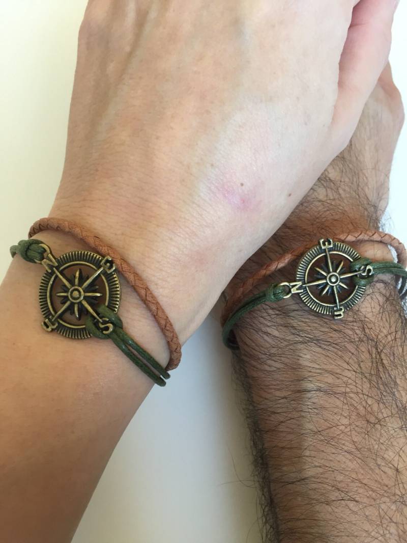Parejas Pulseras 315 - Amistad Amor Brazalete Bronze Brújula Encanto Pulsera De Cuero Trenza Regalo Ajustable Encerado Algodón Novio Novia von enjoywelrydesign