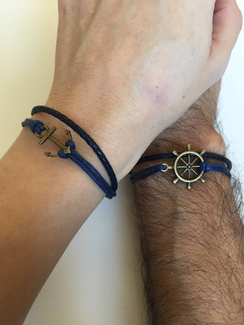 Parejas Pulseras 316 - Amor Puño Bronze Ancla Timón Encanto Brazalete De Cuero Trenza Regalo Novio Ajustable Novia von enjoywelrydesign