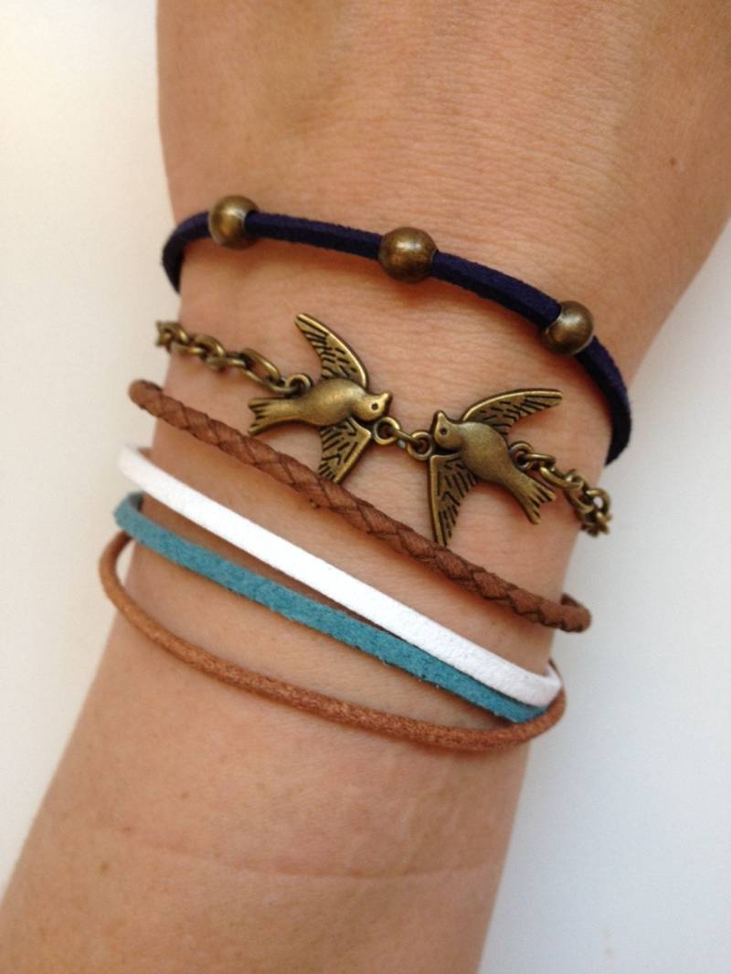 Valentines Armband 141 - in Liebe Vögel Freundschaft Echtes Leder Geflecht Metall Kette Manschette Trendige Geschenk Verstellbar von enjoywelrydesign