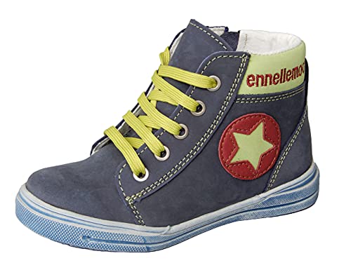 ennellemoo®-Kinder-Jungen-Sneaker-Schuhe aus echt Leder-Knöchelhoch-Schnürer-Reißverschluss-Wechselfußbett- Barefoot Feeling. (Jeansblau/Lindgrün, Numeric_33) von ennellemoo Made in EU