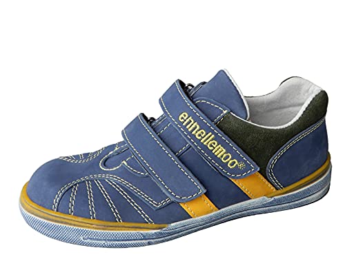 ennellemoo®-Kinder-Jungen-Sneaker-echt Leder Schuhe-Halbschuhe-Klettverschluss-Wechselfußbett- Barefoot Feeling.Premiumschuhe. (Jeansblau/Jagdgrün/Gelb, Numeric_35) von ennellemoo Made in EU